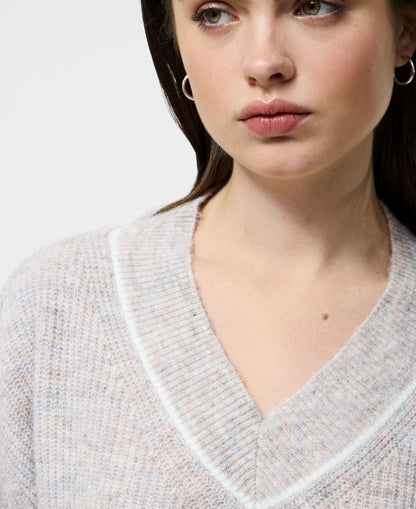 Kezia Vertical V Neck Jumper - Stone Grey/W.White