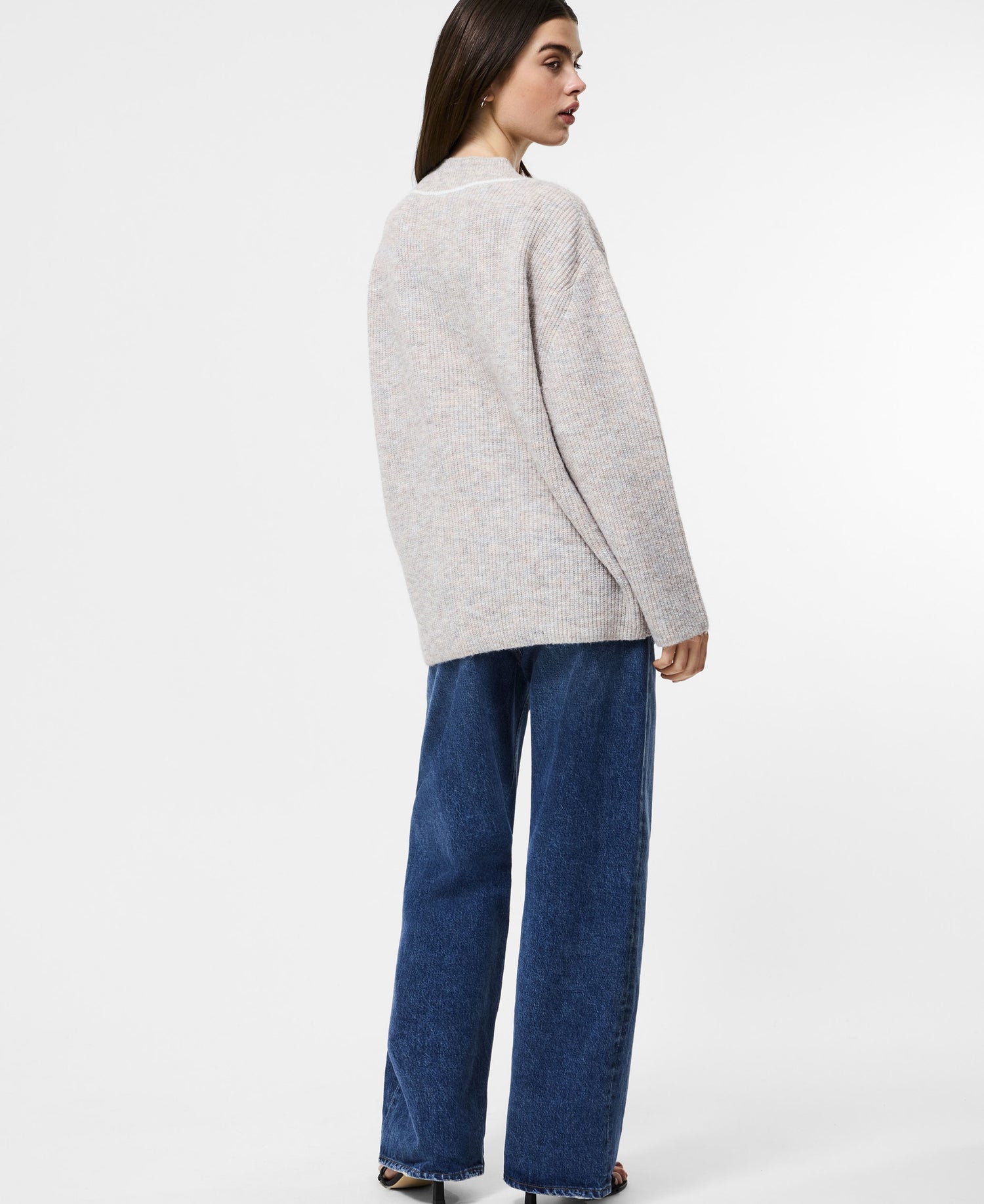 Kezia Vertical V Neck Jumper - Stone Grey/W.White
