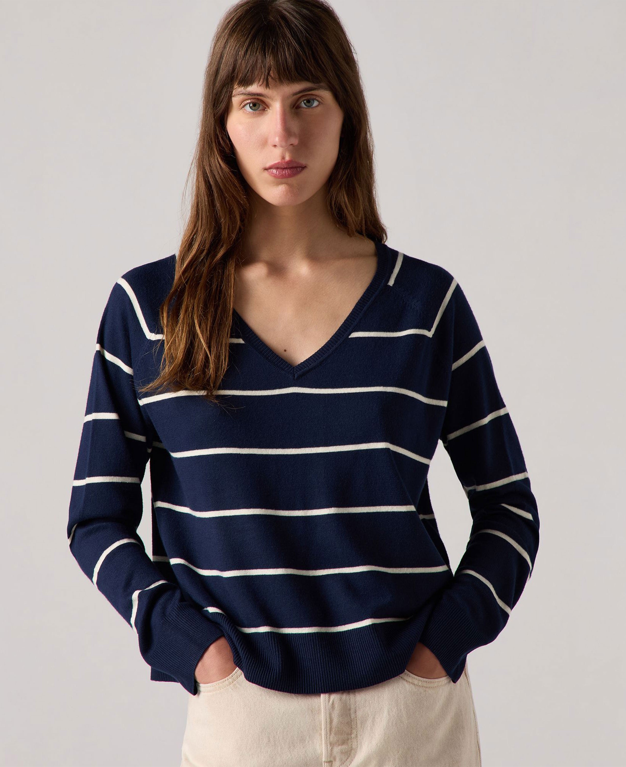 Petal V-Neck Sweater - Stephanie Stripe Navy Blazer Blue