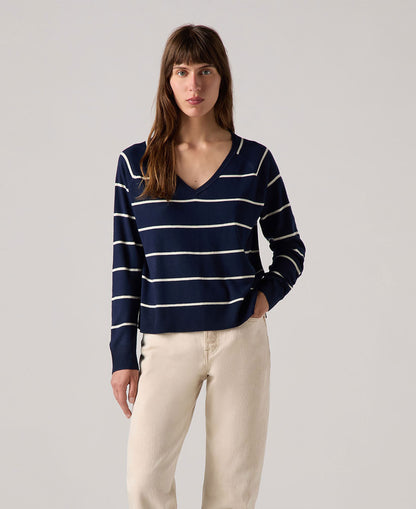 Petal V-Neck Sweater - Stephanie Stripe Navy Blazer Blue