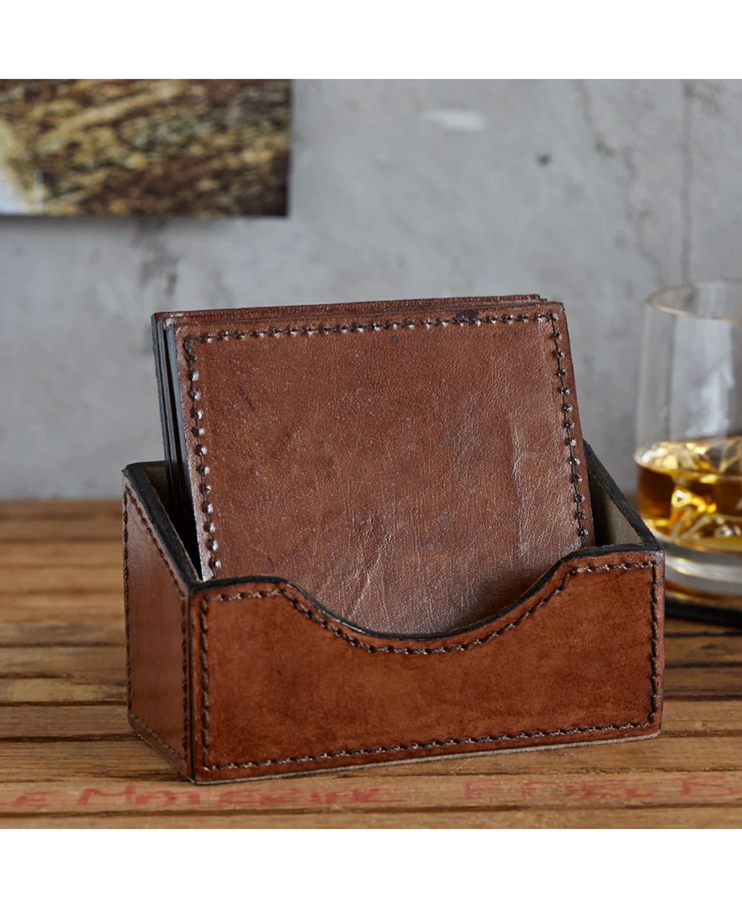 Leather Coaster Set - Square Tan