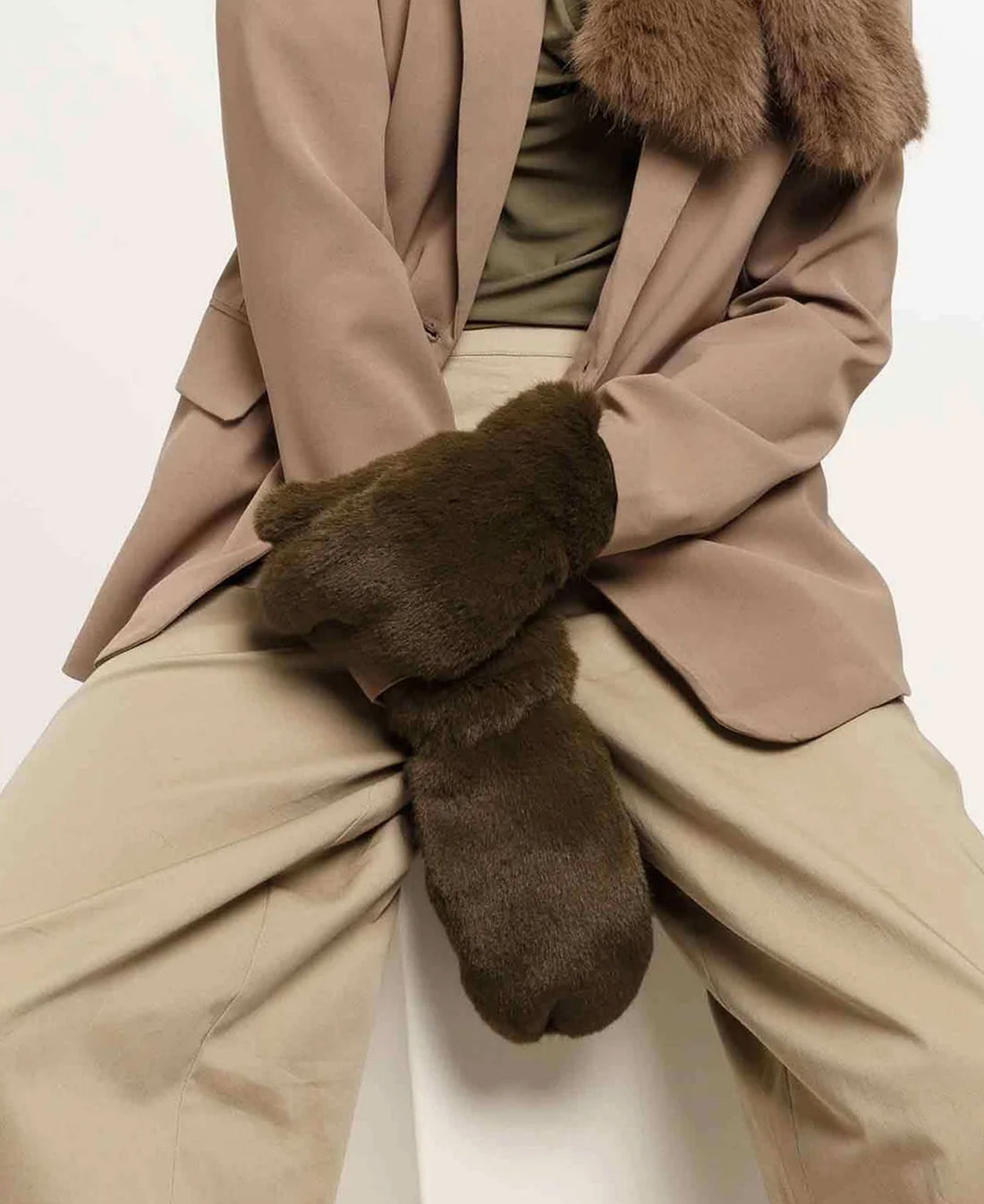 Faux Fur Mittens - Khaki