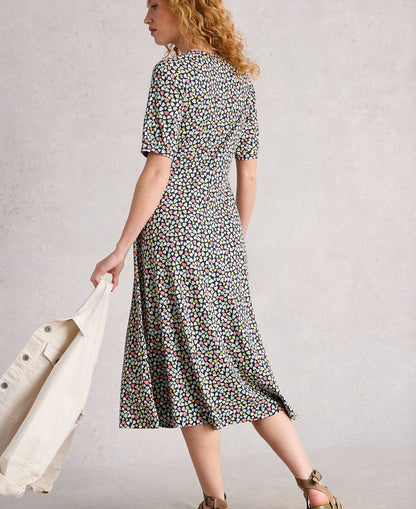 Megan Short Sleeve Jersey Midi Dress - Navy Multi