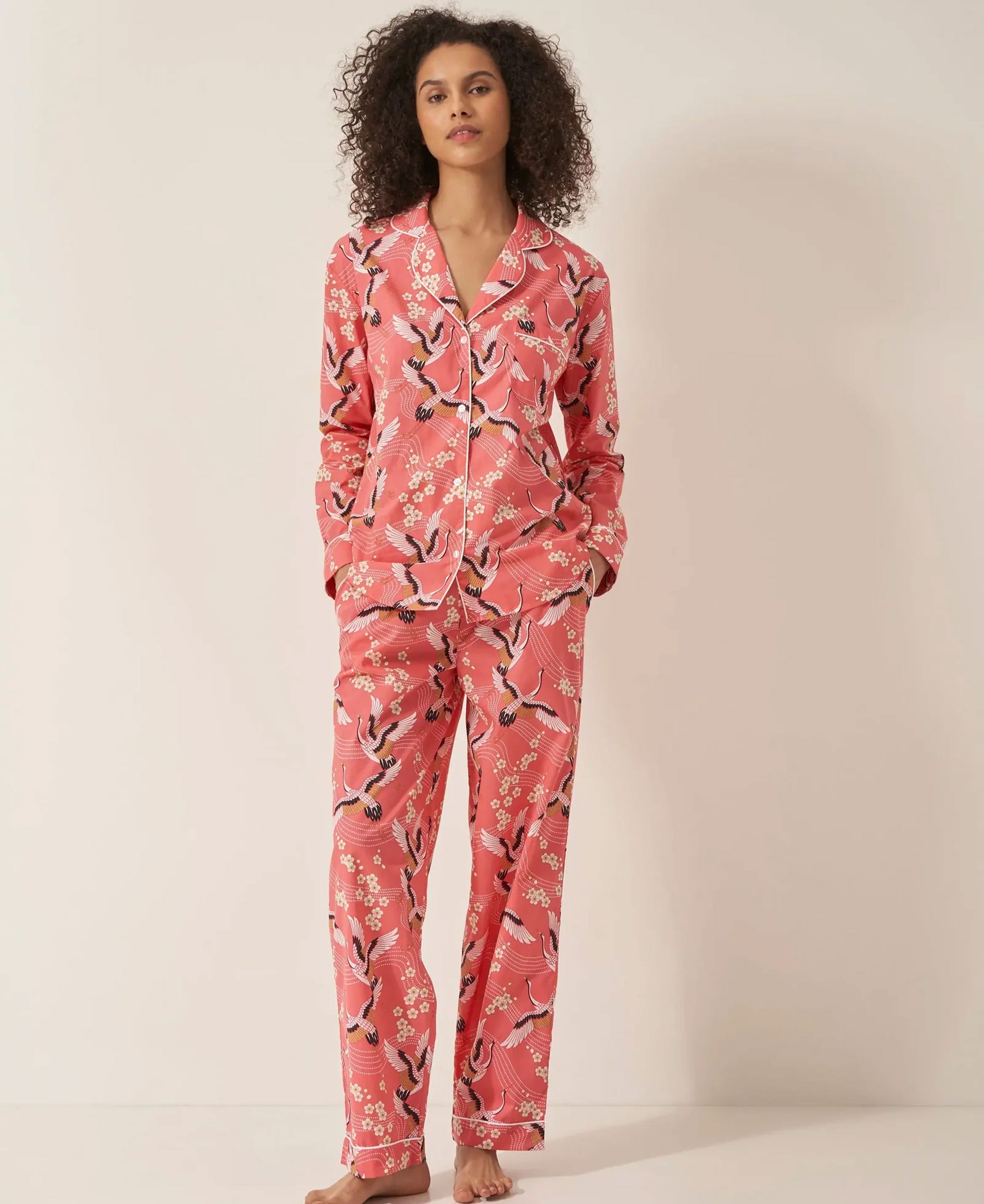 Pyjama Trouser Set - Japanese Crane on Coral