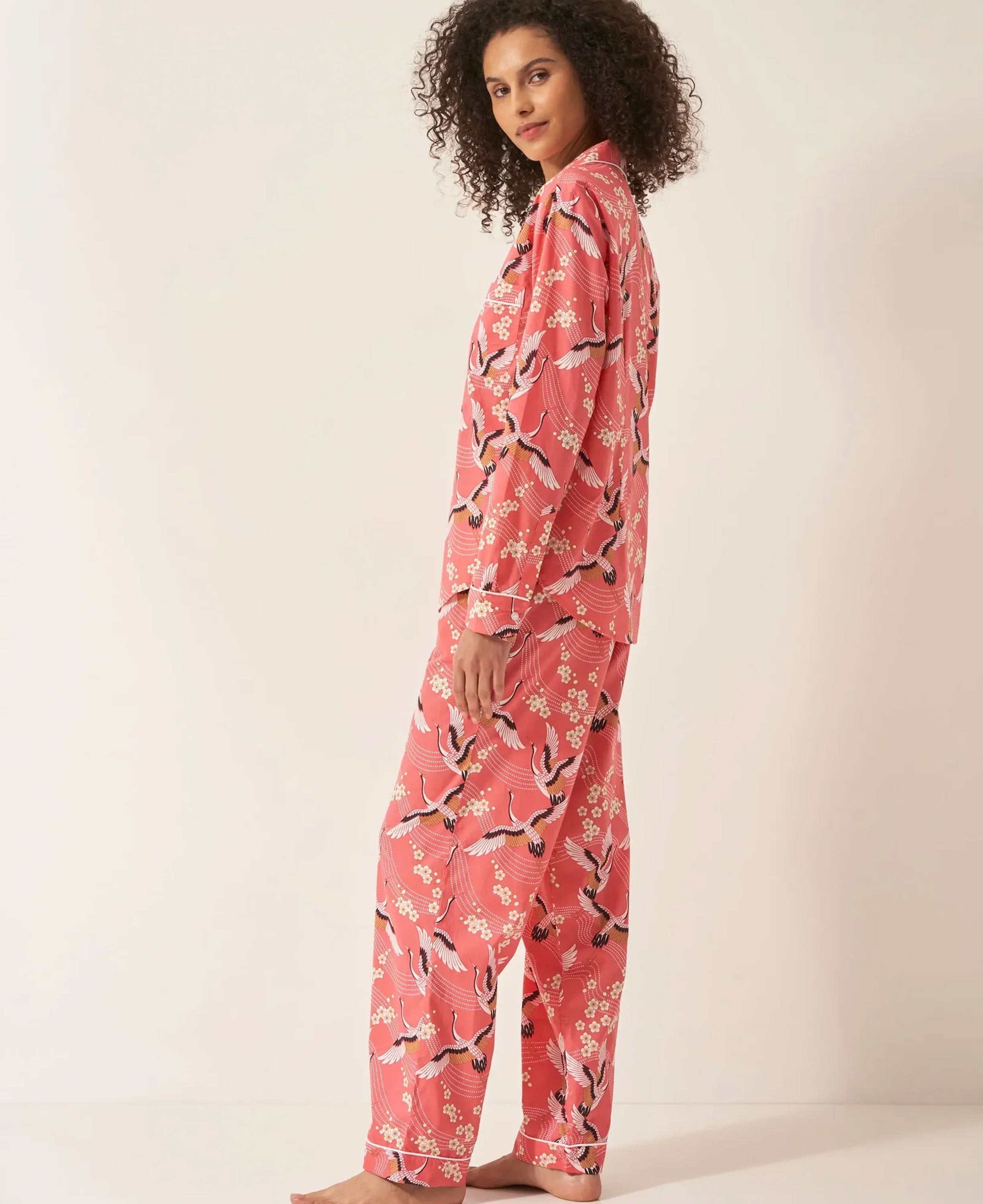 Pyjama Trouser Set - Japanese Crane on Coral