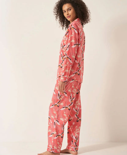 Pyjama Trouser Set - Japanese Crane on Coral