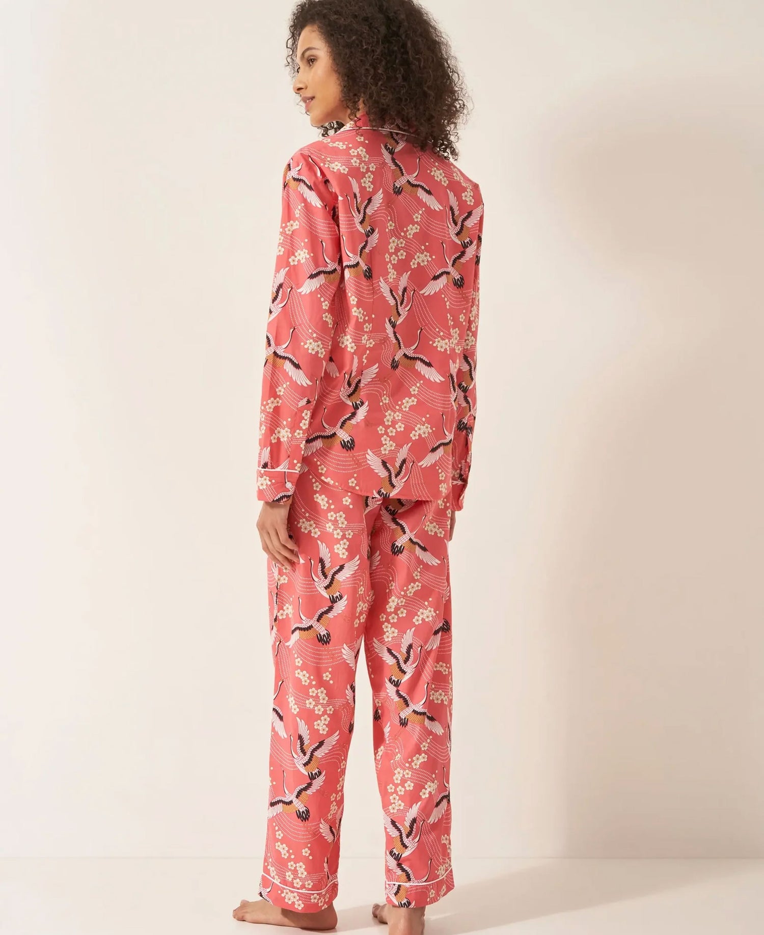 Pyjama Trouser Set - Japanese Crane on Coral