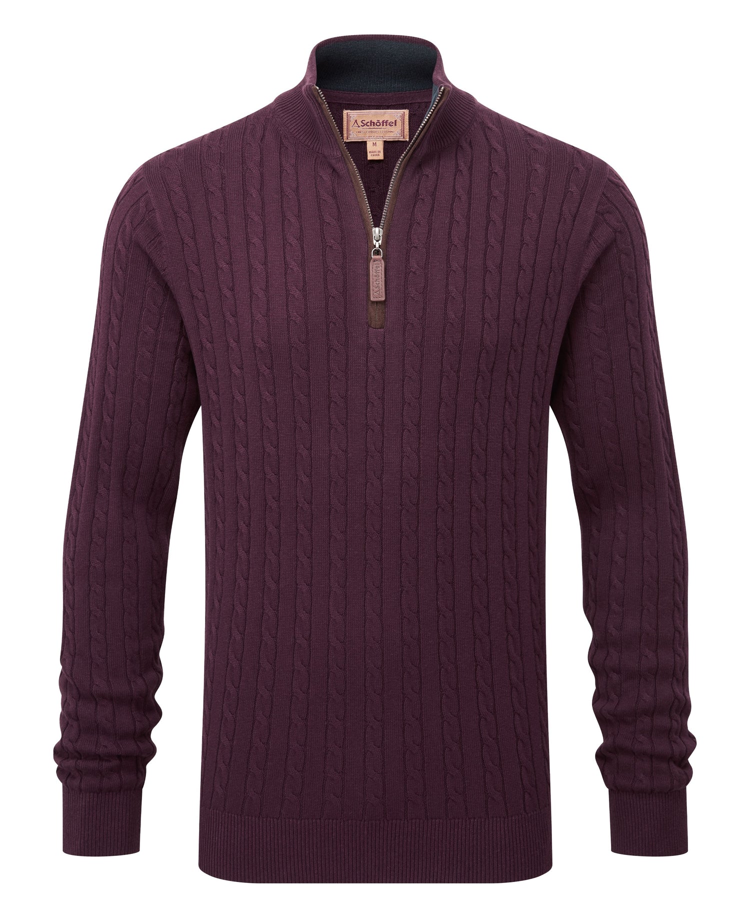 Calton Cotton Cashmere Cable Quarter Zip Jumper - Wine