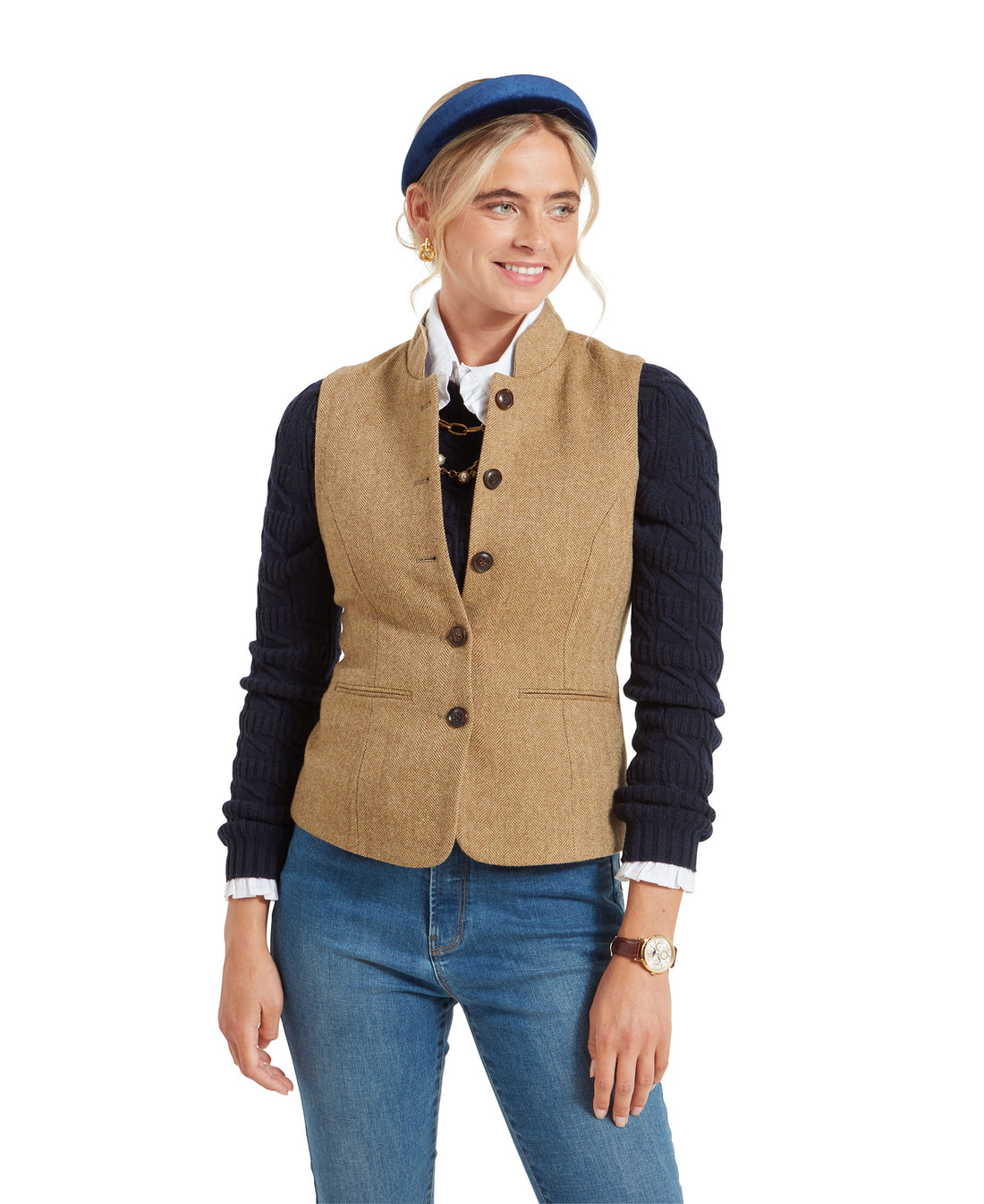 Millport Tweed Nehru Waistcoat - Oak Herringbone Tweed