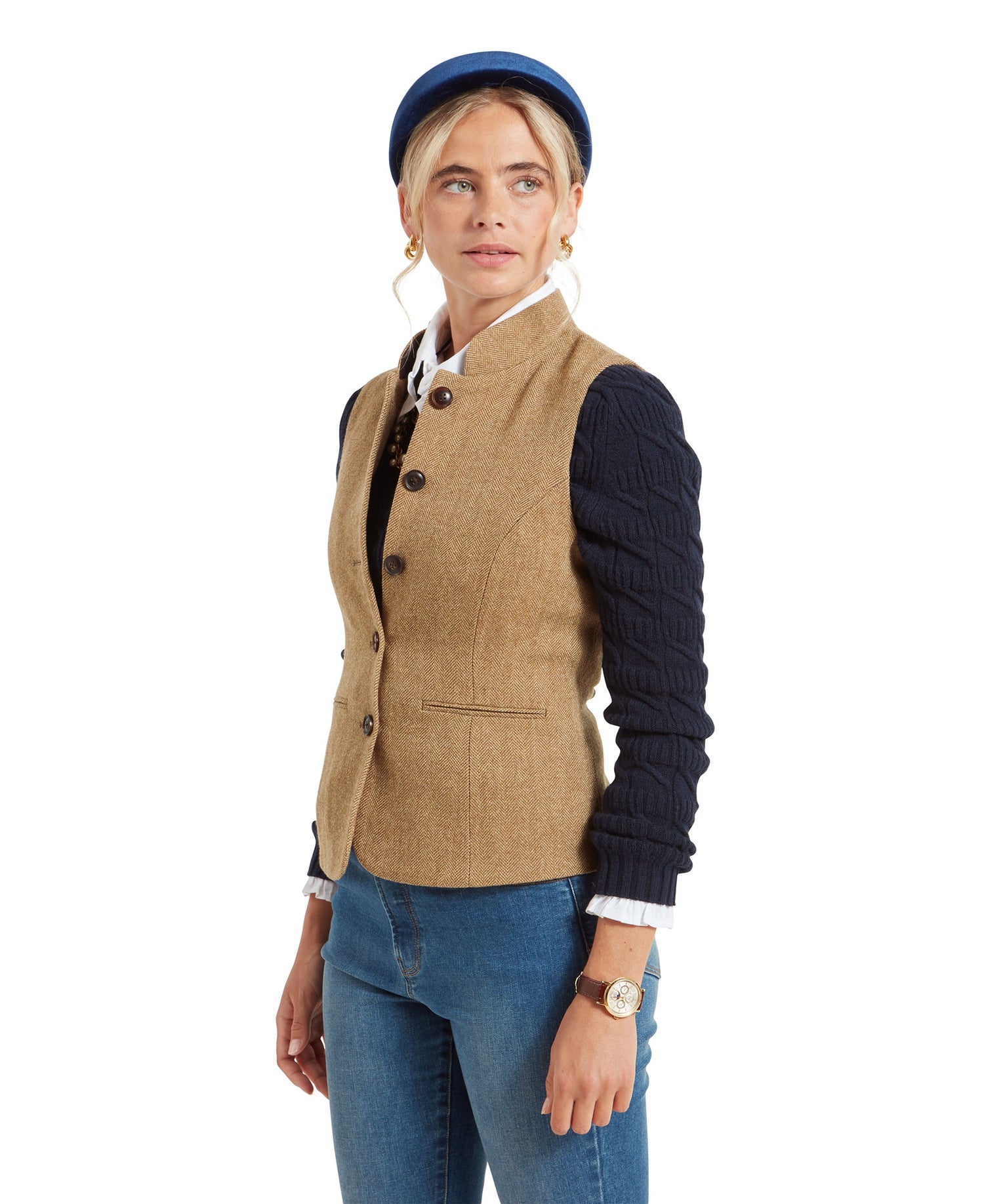 Millport Tweed Nehru Waistcoat - Oak Herringbone Tweed