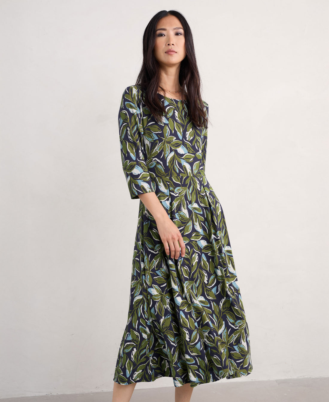 Wild Bouquet 3/4 Sleeve Midi Dress - Tonal Leaves Maritime