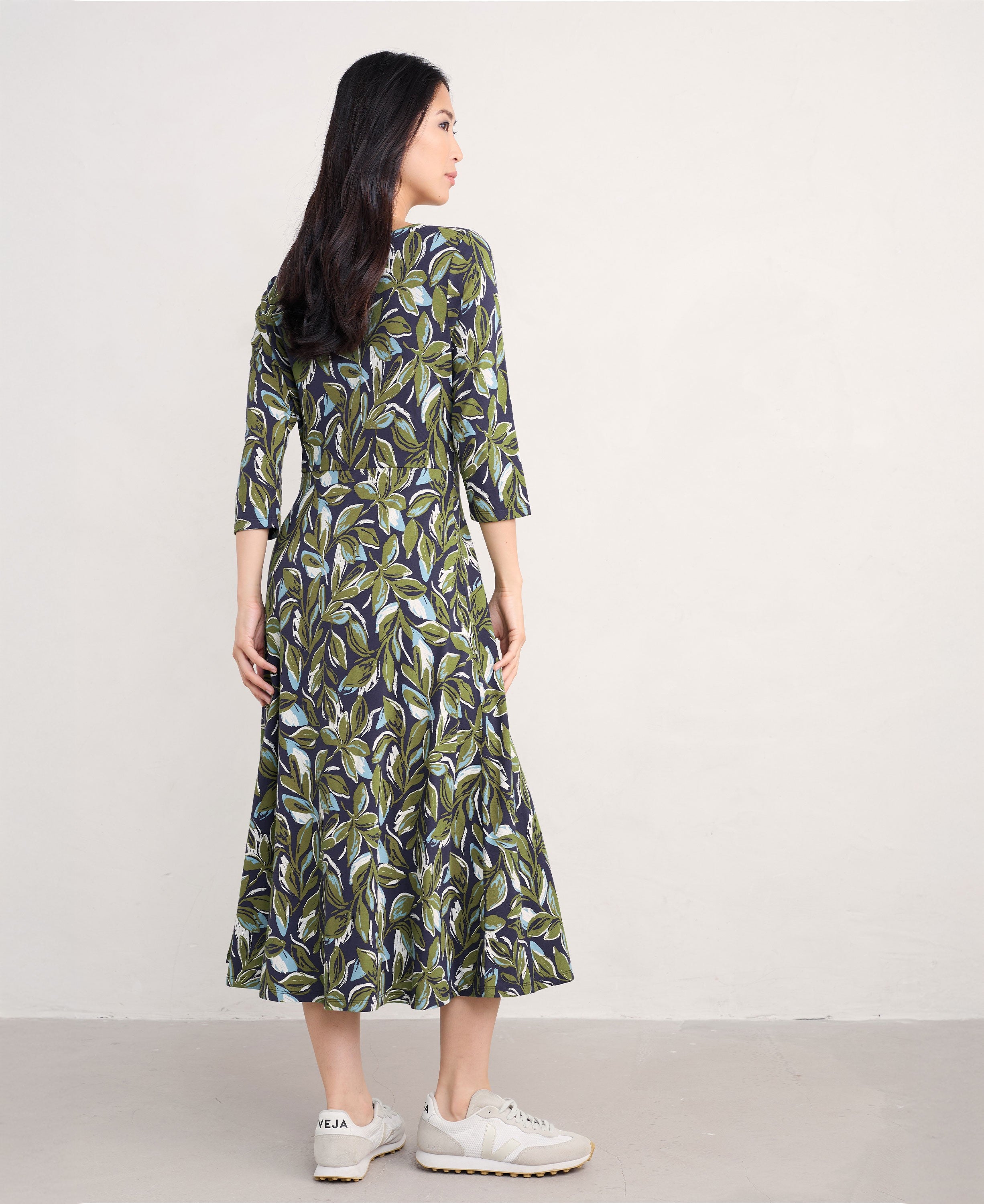 Wild Bouquet 3/4 Sleeve Midi Dress - Tonal Leaves Maritime