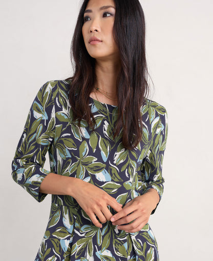 Wild Bouquet 3/4 Sleeve Midi Dress - Tonal Leaves Maritime