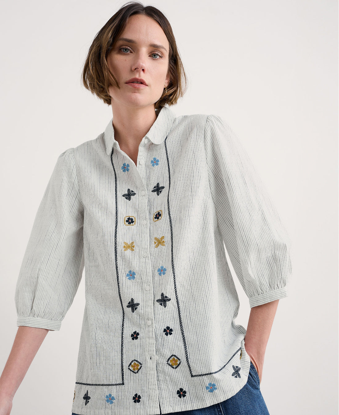 Hope Cottage Embroidered Blouse - Simplicity Stripe Chalk Maritime