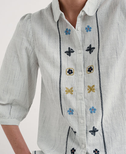 Hope Cottage Embroidered Blouse - Simplicity Stripe Chalk Maritime