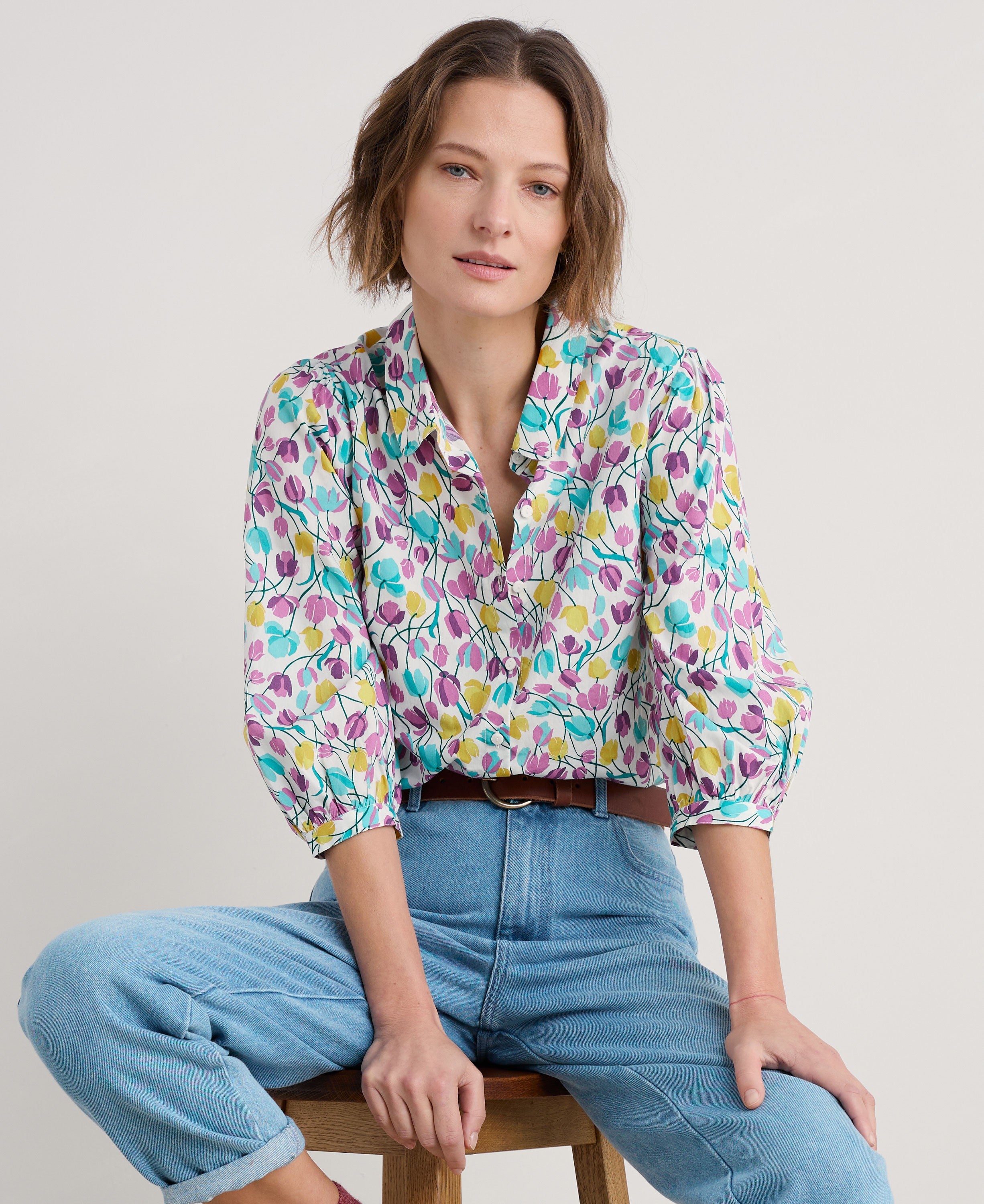 Hope Cottage Organic Cotton Blouse - Spring Tulips Chalk