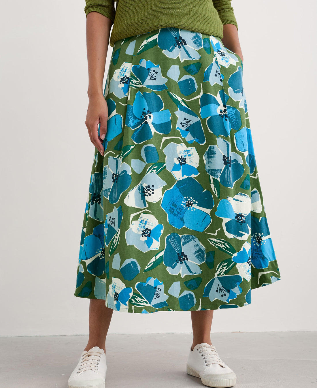 Swallow Hill Printed A-Line Skirt - Paper Hellebores Forest Green