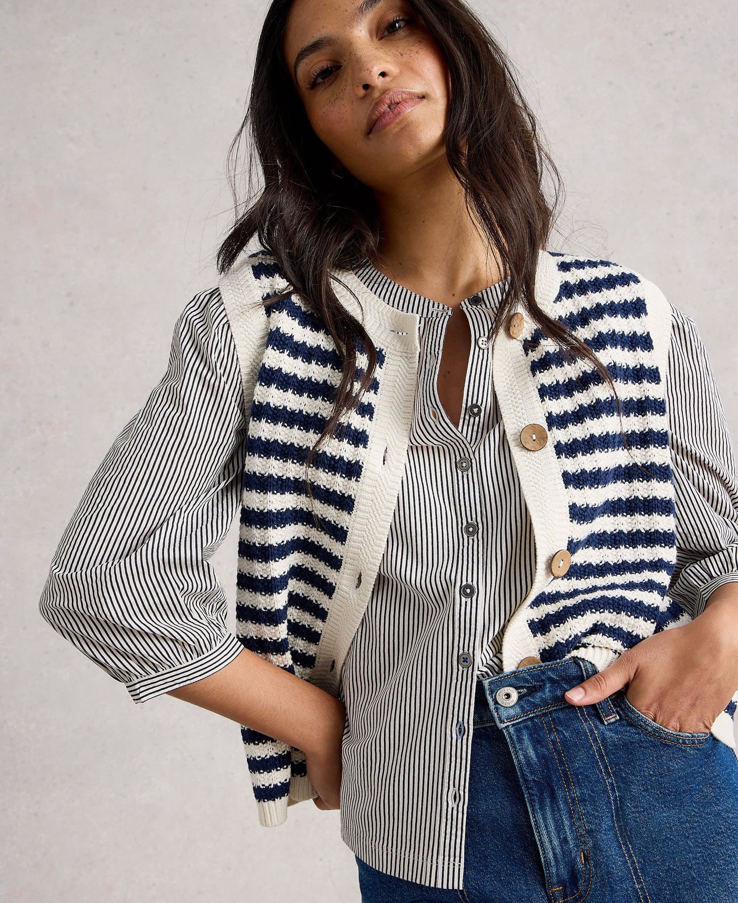 Sienna Stripe Button Tank - Navy Multi
