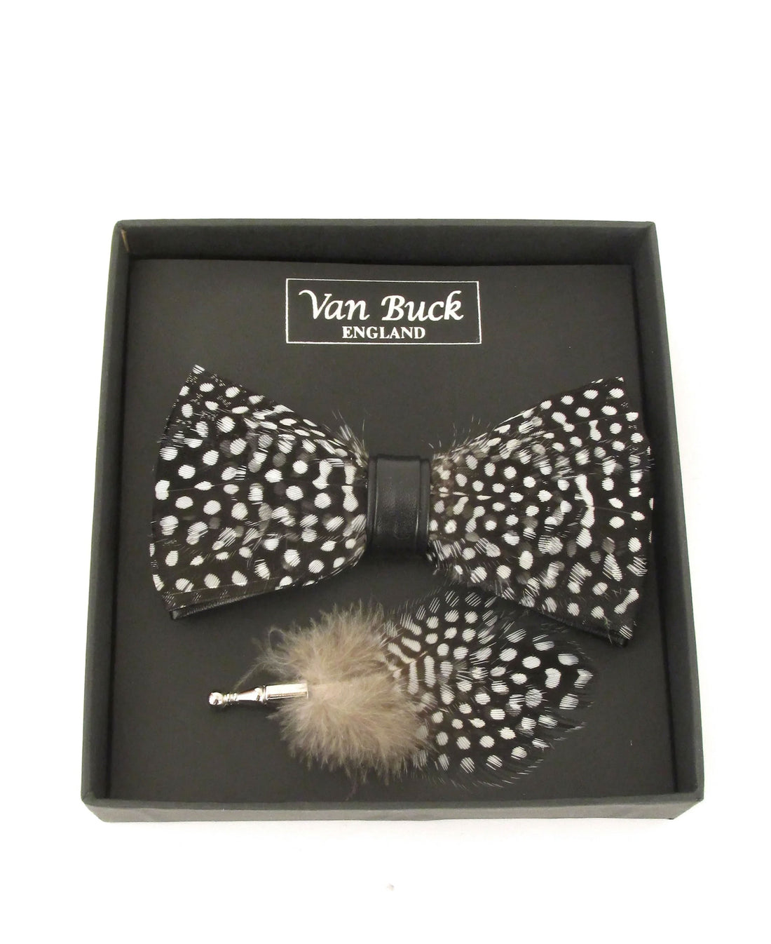Feather Bow Tie And Lapel Pin - Black And White Dots All Over
