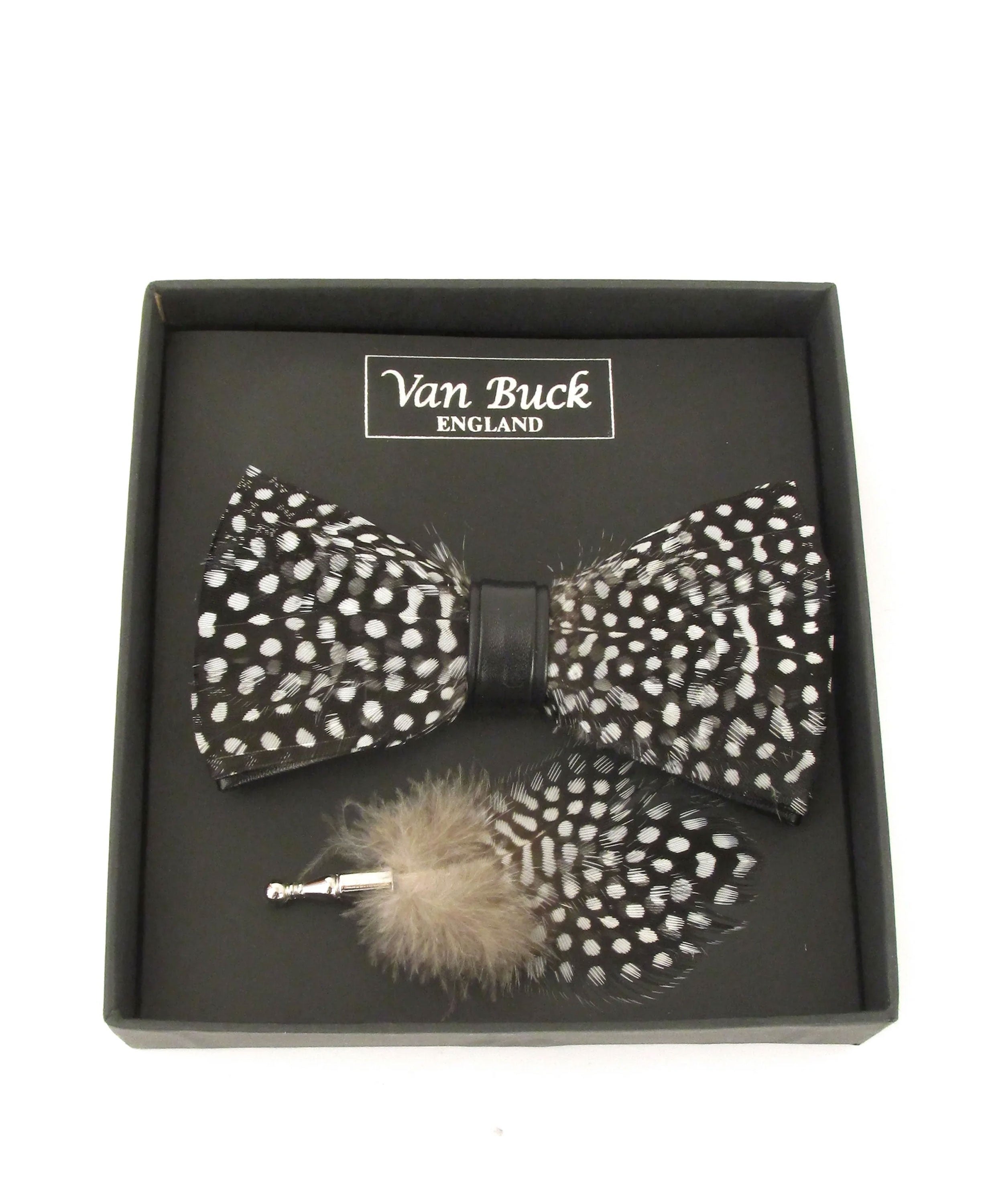 Feather Bow Tie And Lapel Pin - Black And White Dots All Over