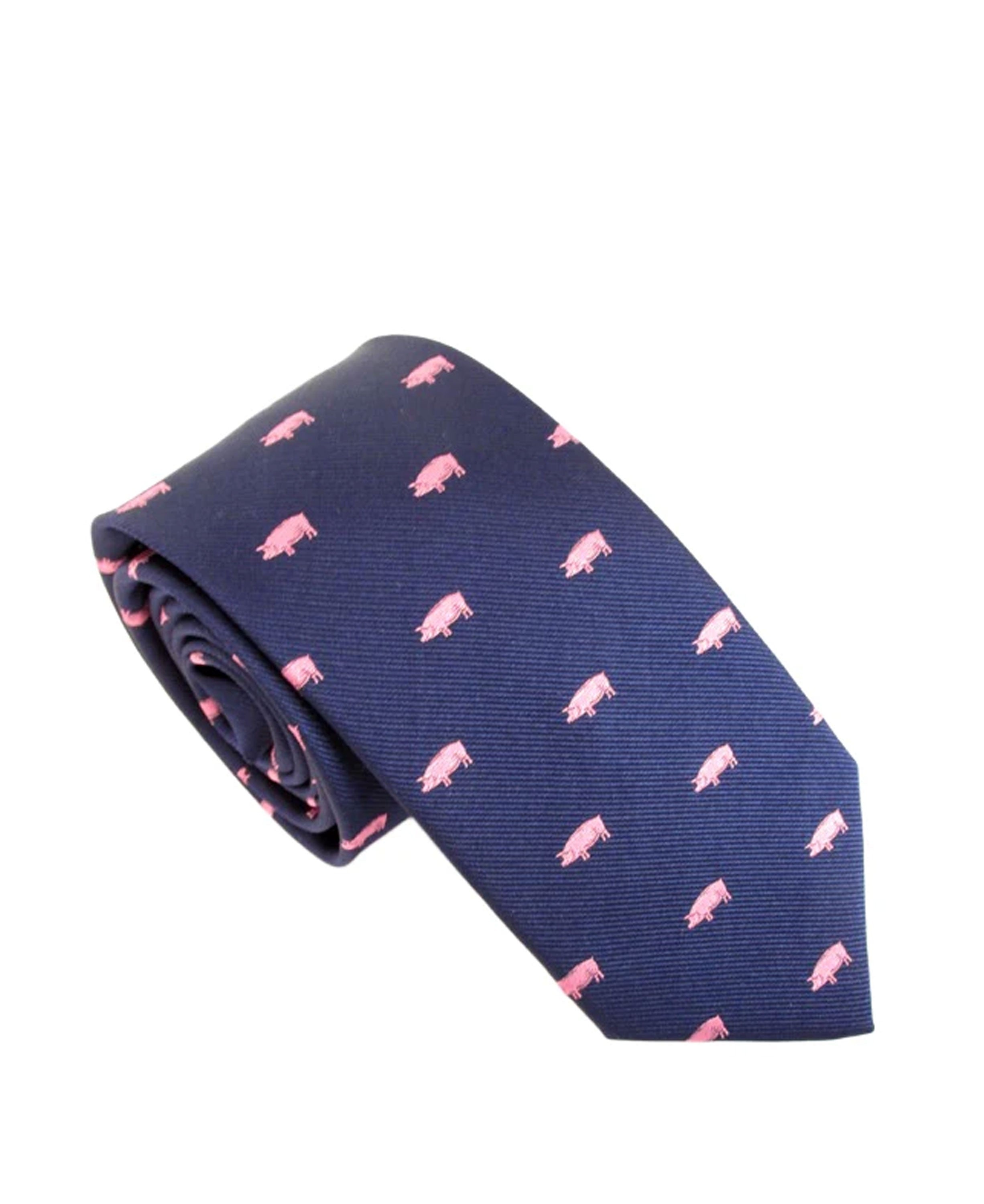 Country Silk Tie - Navy Pig Motif