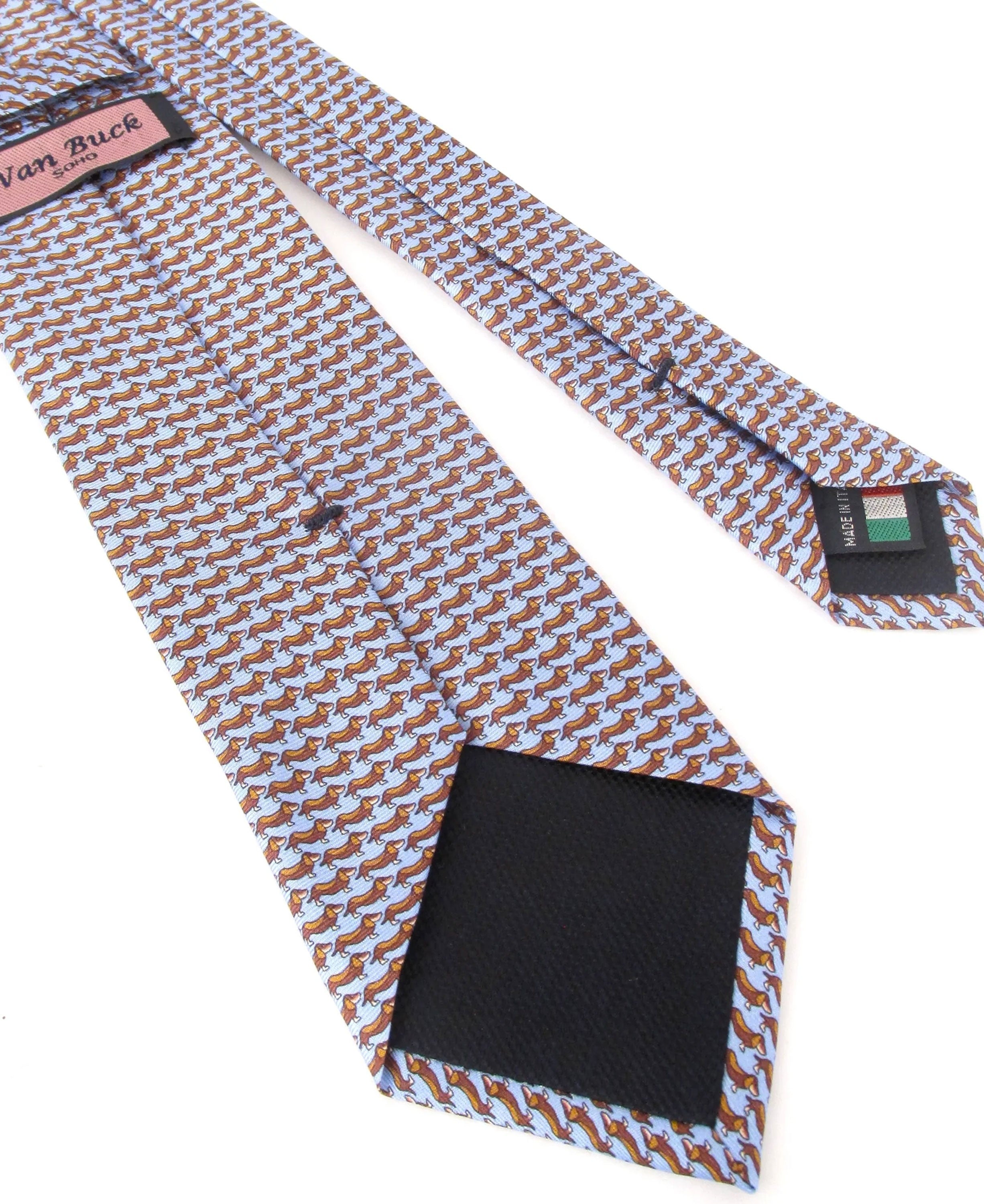Italian Printed Silk Tie - Blue And Brown Dachshund