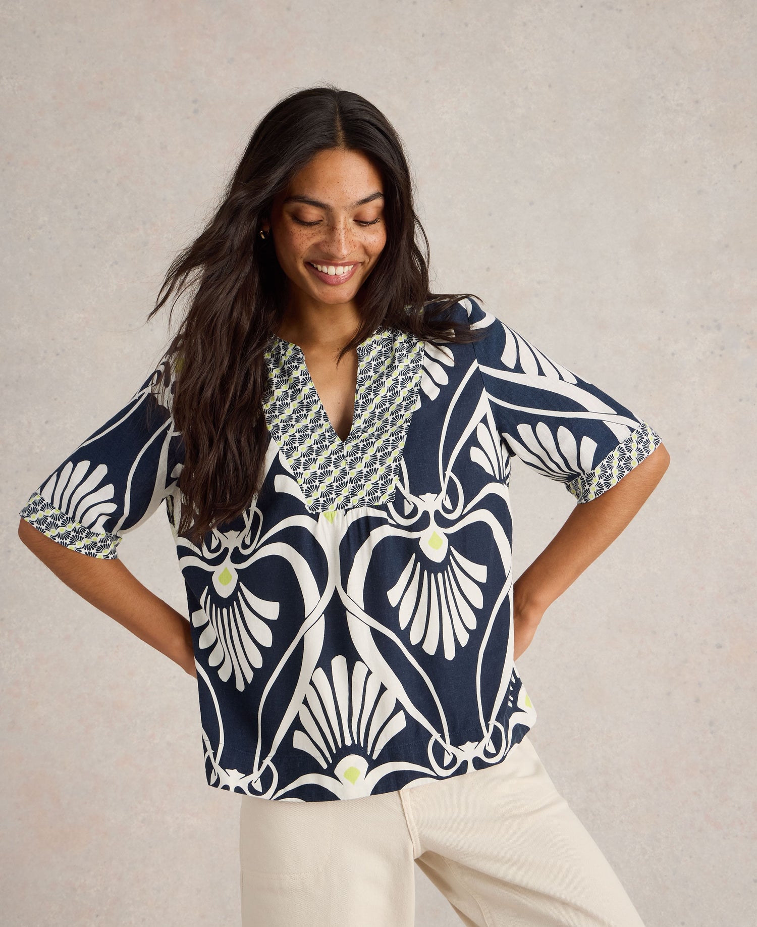 Ash Linen Blend Top - Navy Print