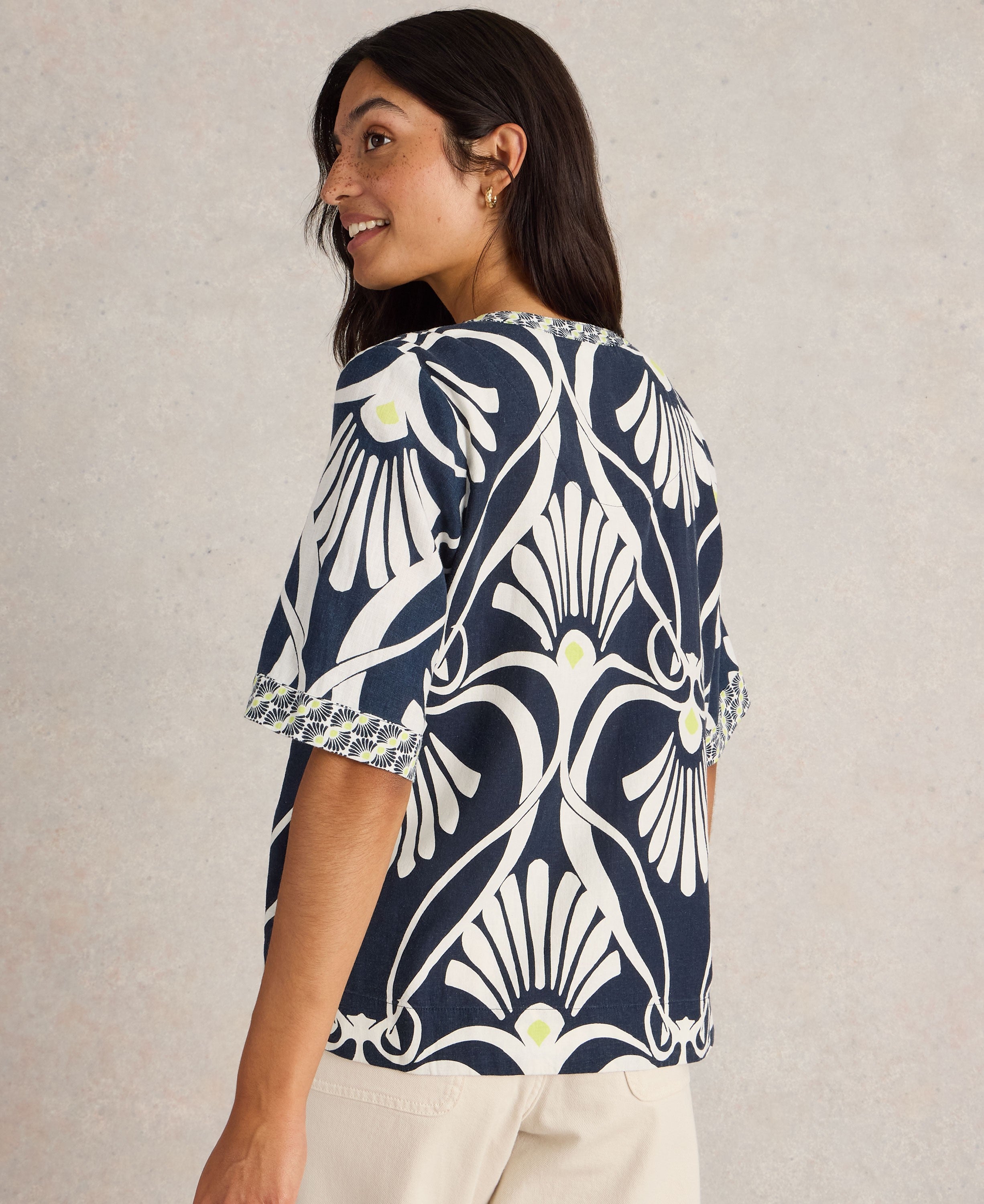 Ash Linen Blend Top - Navy Print