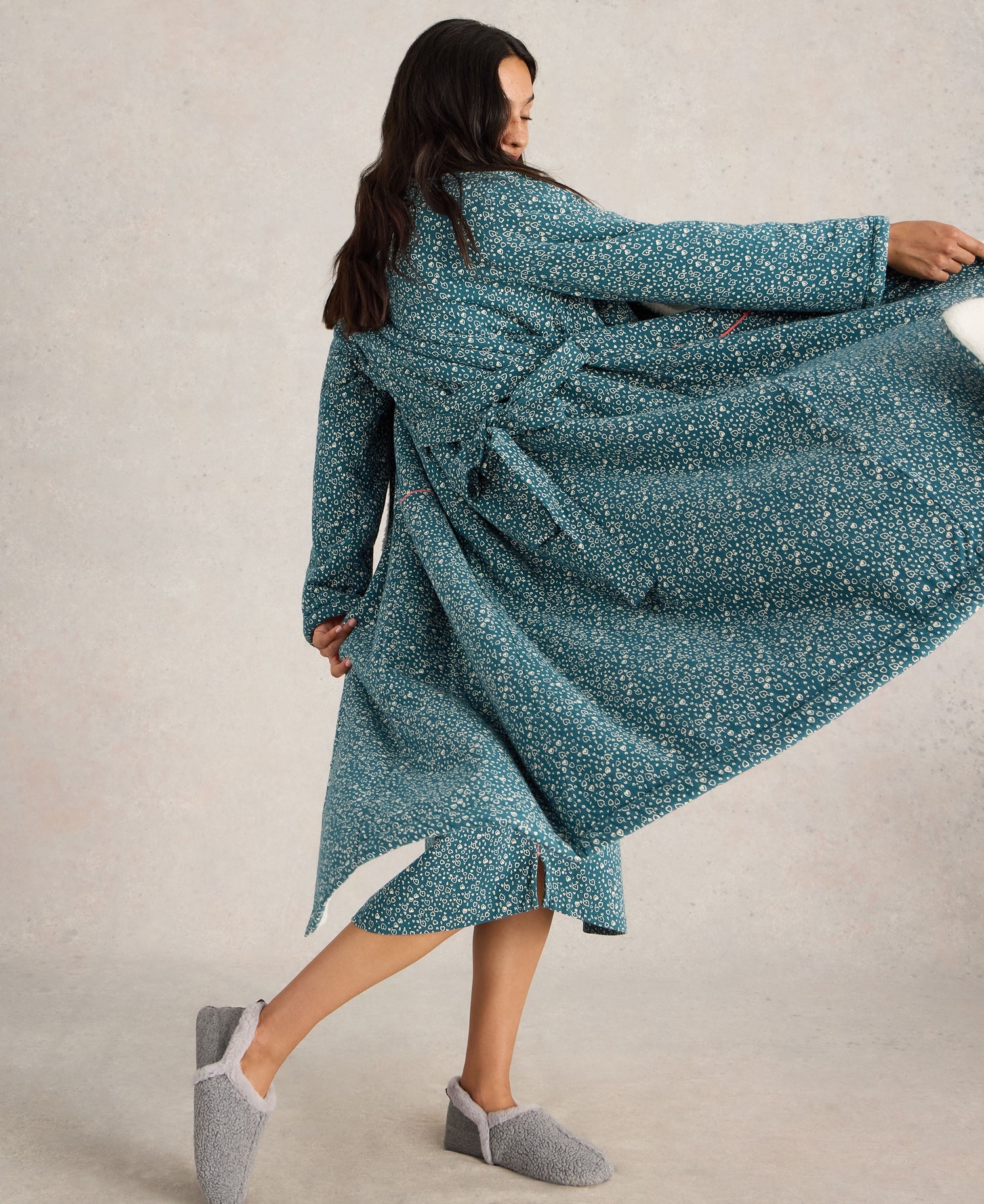 Ava Lined Dressing Gown - Teal Print