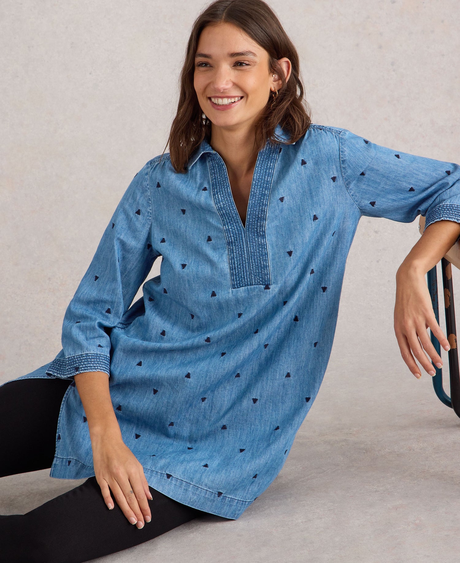 Blaire Denim Embroidered Tunic - Mid Denim