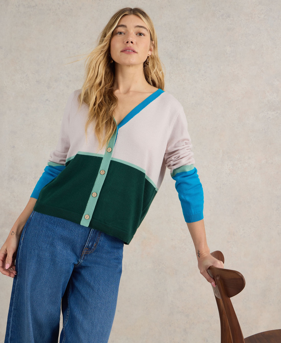 Colour Block Merino Cardi - Natural Multi