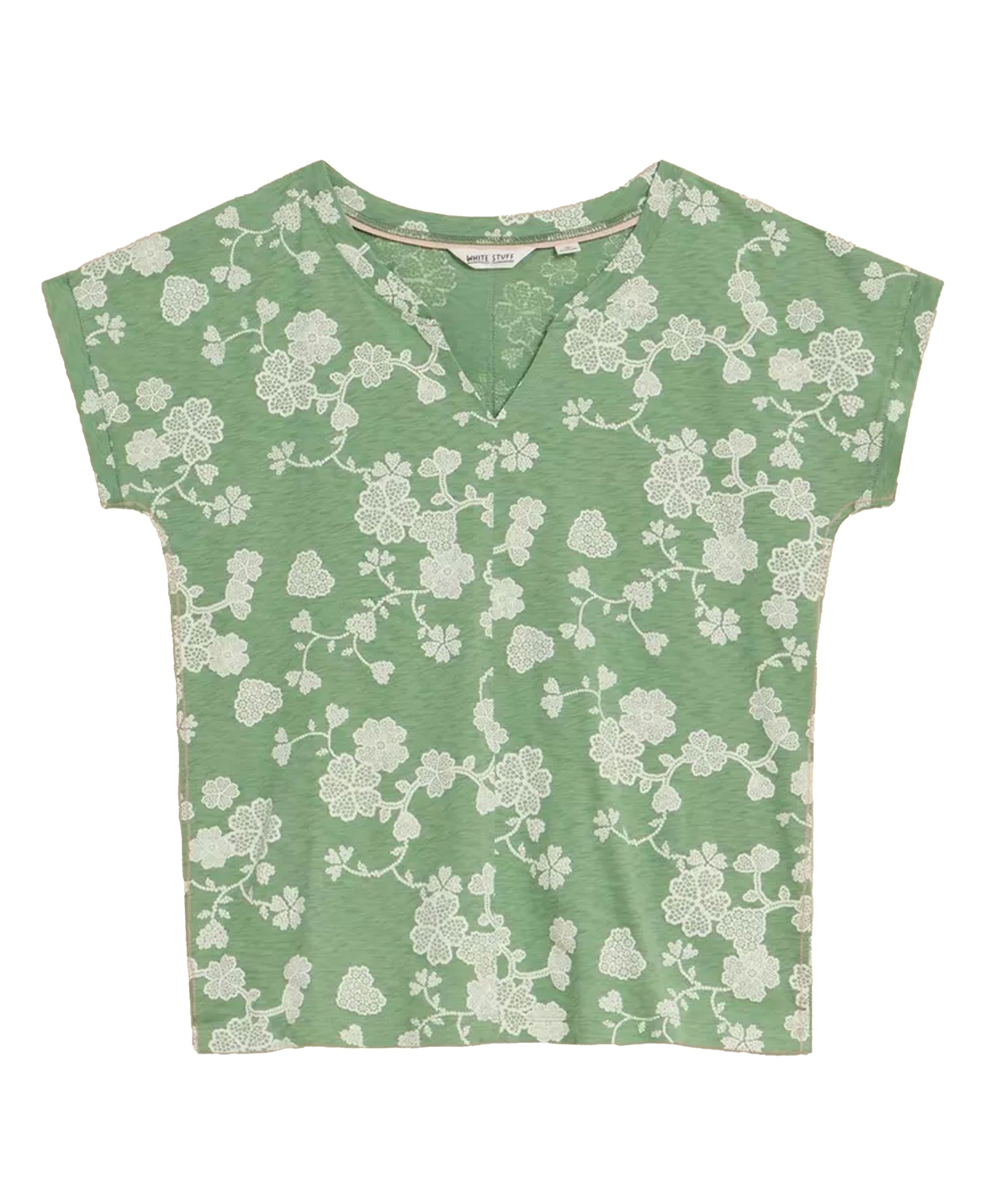 Nelly Notch Neck Cotton Tee - Green Print