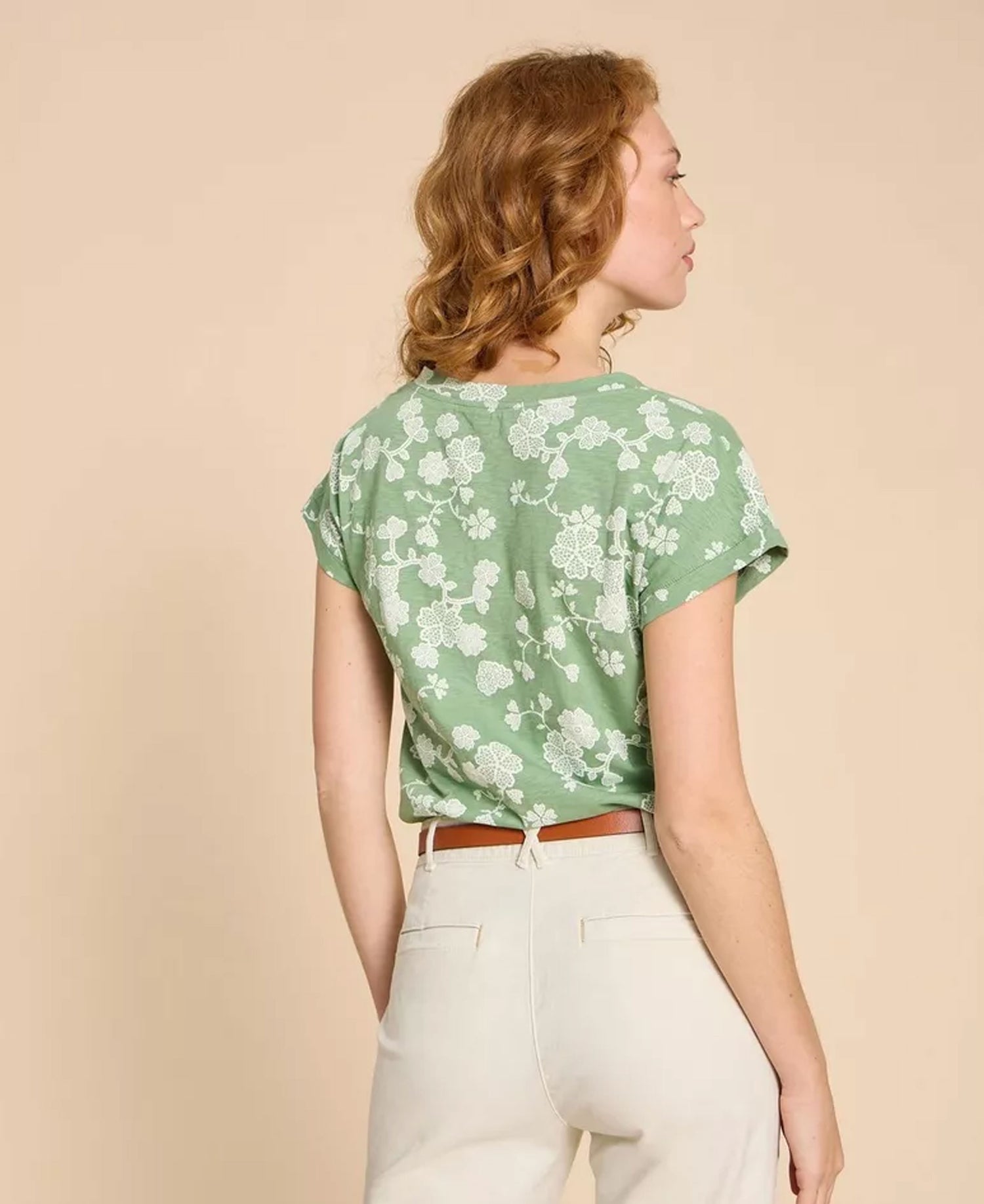 Nelly Notch Neck Cotton Tee - Green Print