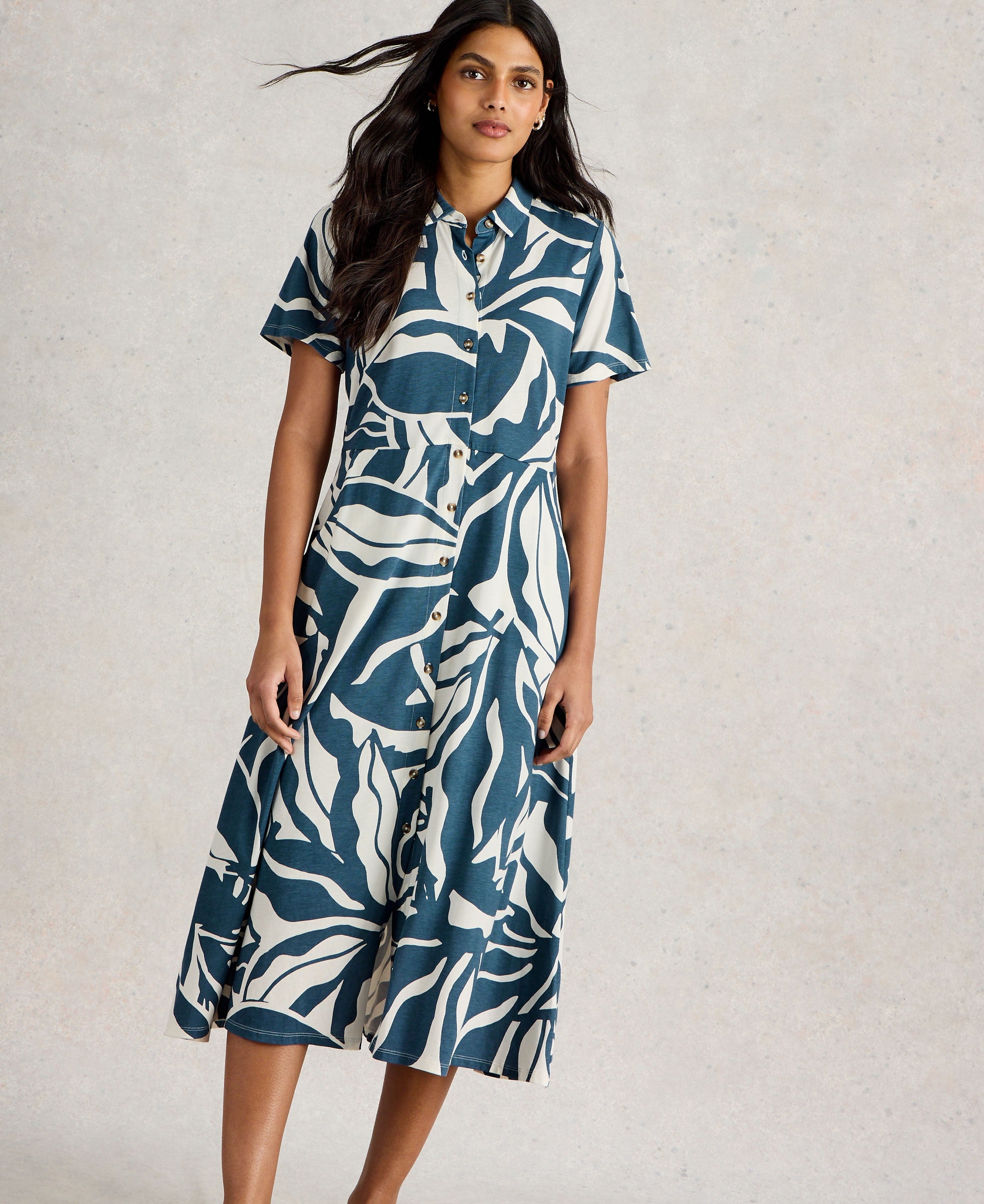 Rua Jersey Shirt Midi Dress - Navy Print