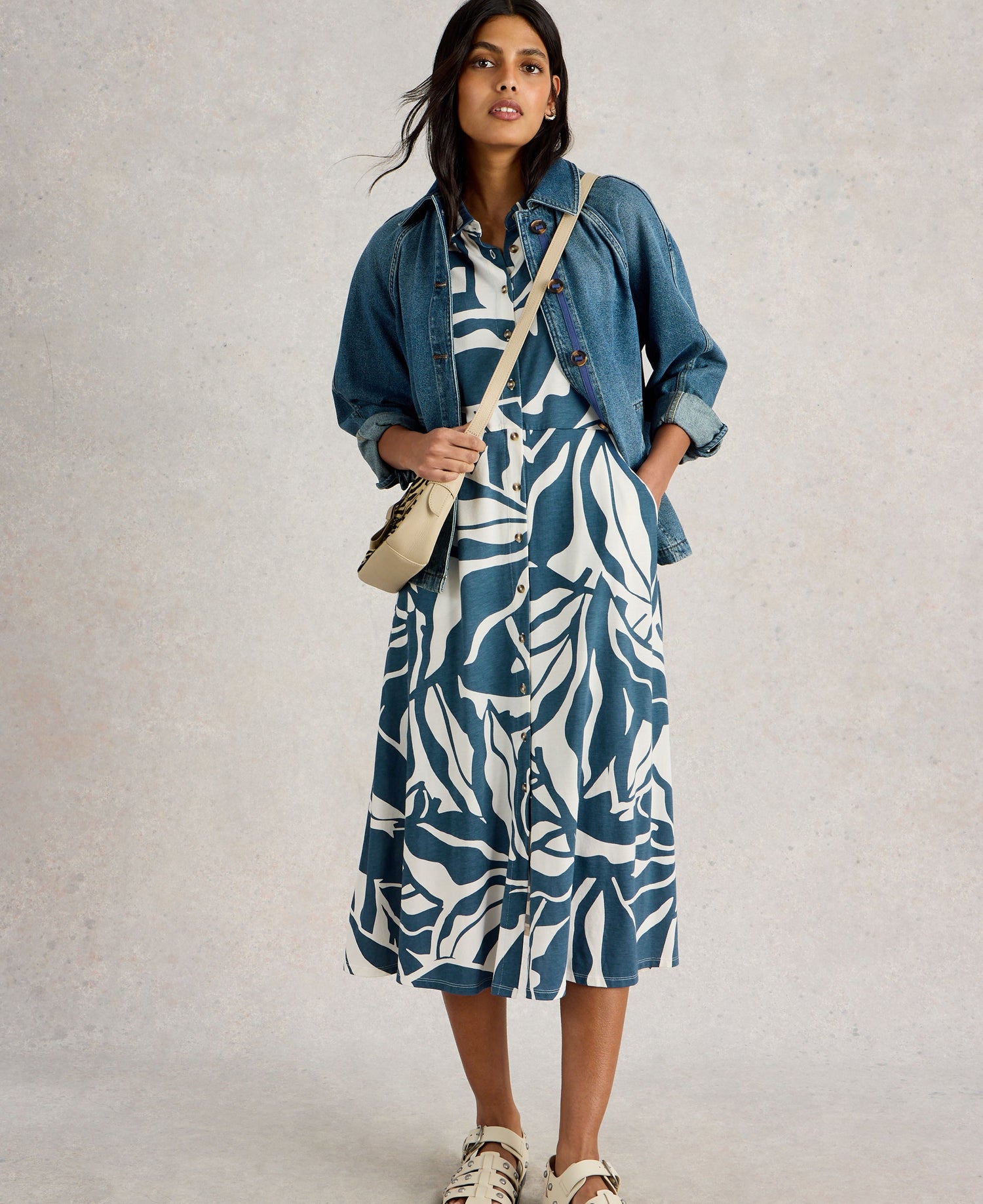 Rua Jersey Shirt Midi Dress - Navy Print