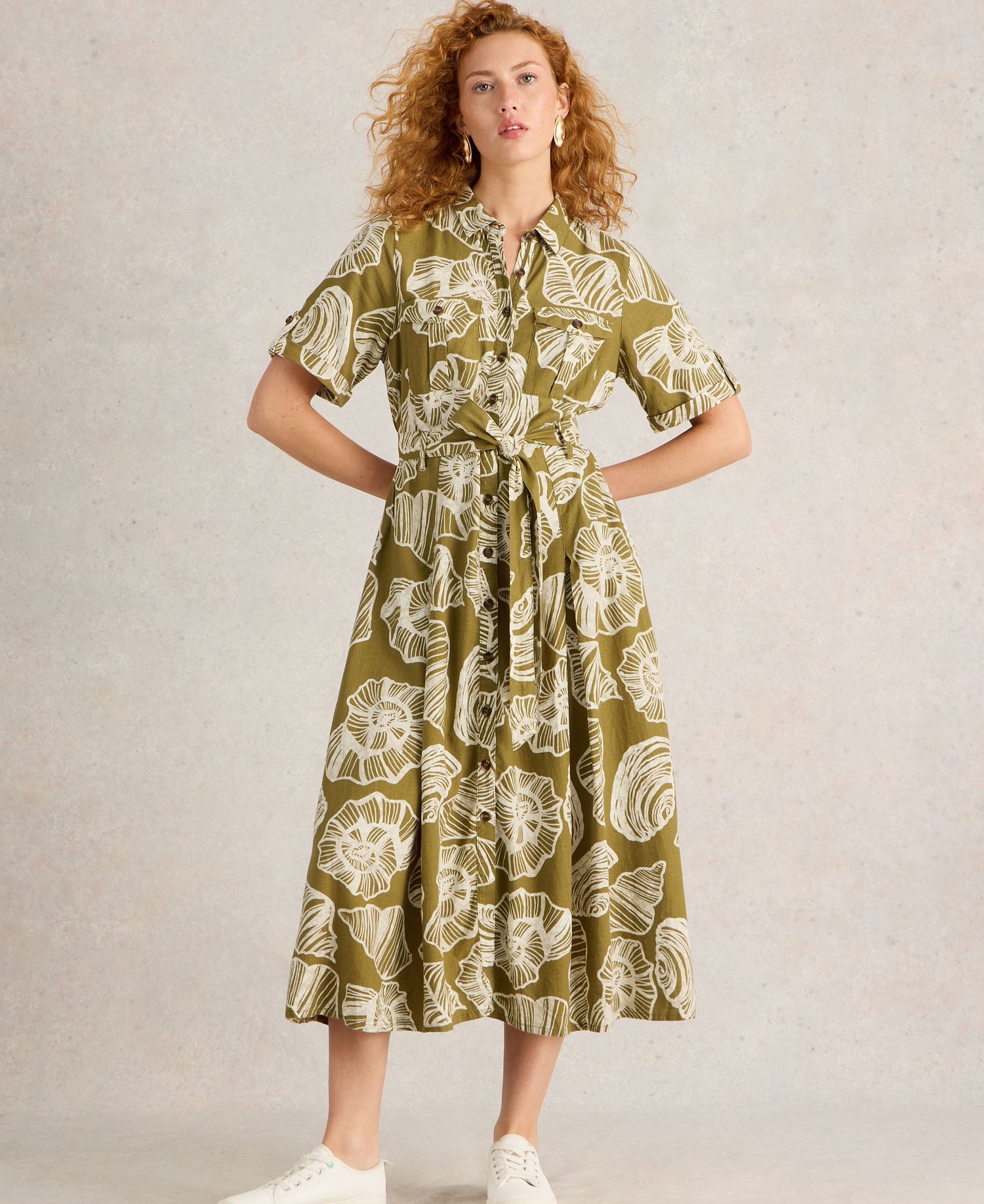 Tiff Linen Blend Shirt Dress - Green Print