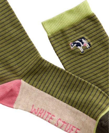 Embroidered Cow Ankle Sock - Dark Green