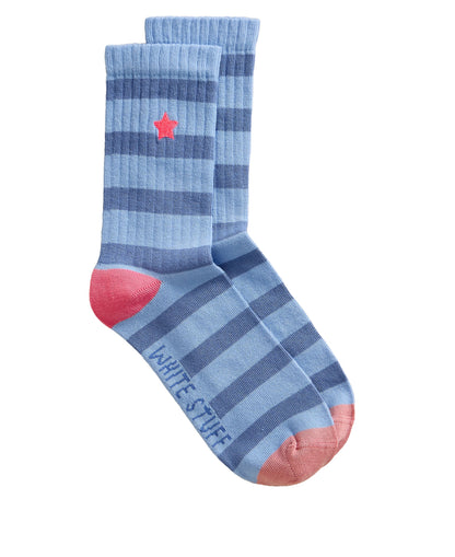 Embroidered Star Rib Sock - Bright Blue