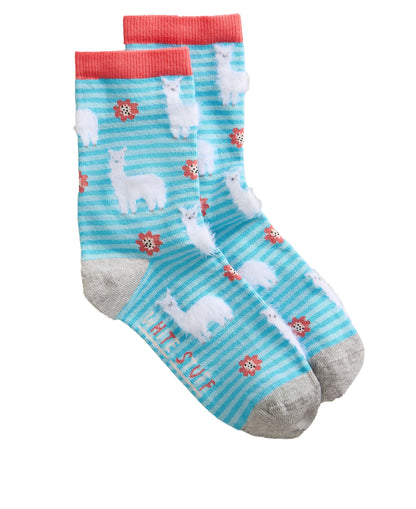 Fluffy Llama Ankle Sock - Blue Multi