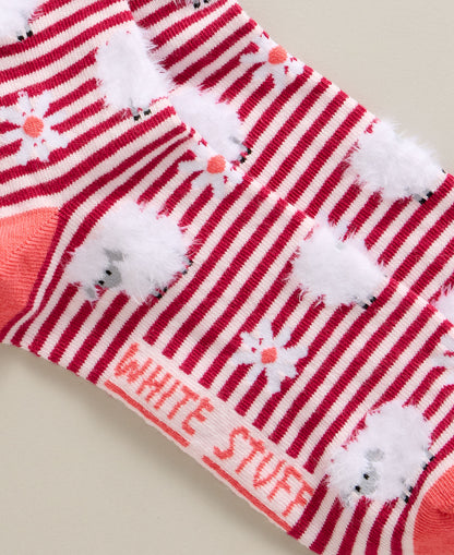 Fluffy Sheep Stripe Ankle Sock - Mid Red