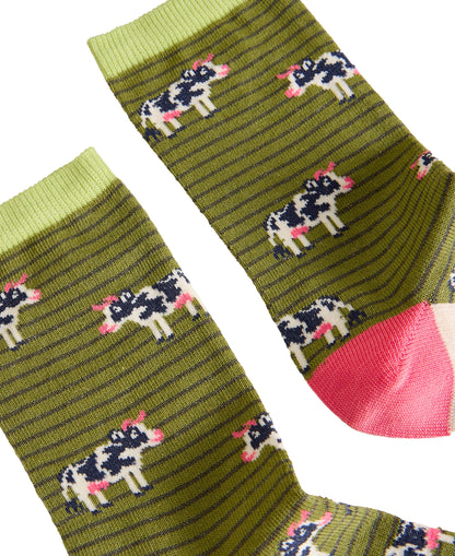 Novelty Cow Ankle Sock - Green Multi
