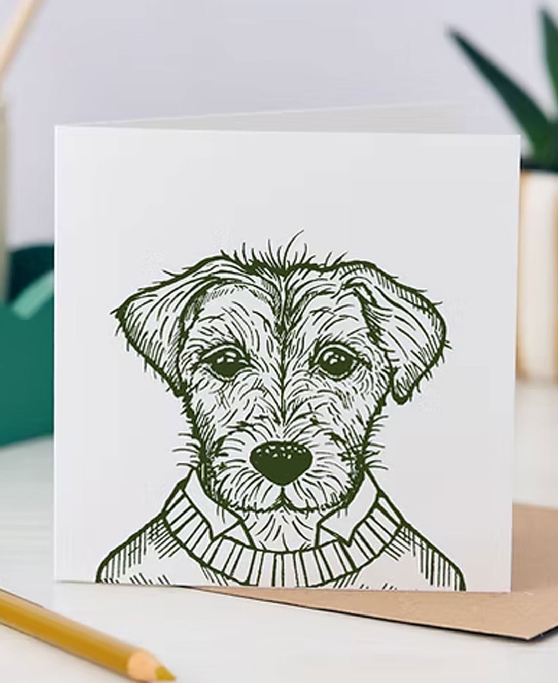 Basil Terrier Greetings Card - Olive Green