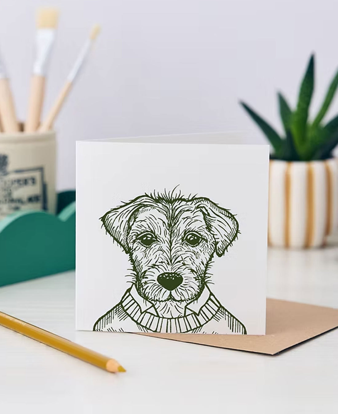 Basil Terrier Greetings Card - Olive Green