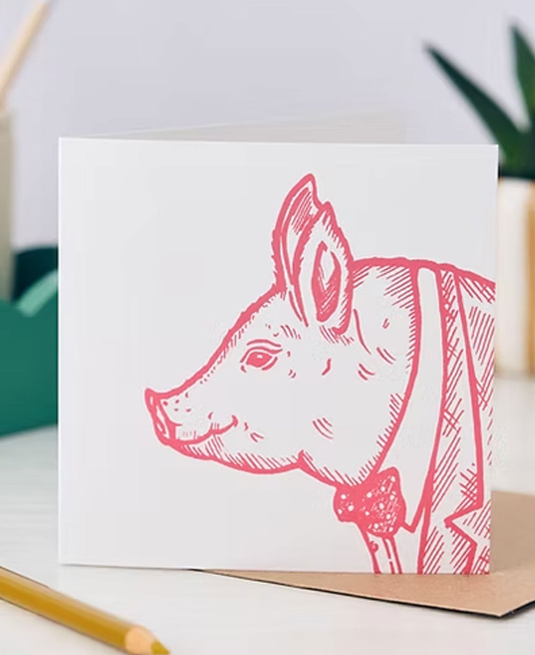Winston Pig Greetings Card - Coral Pink