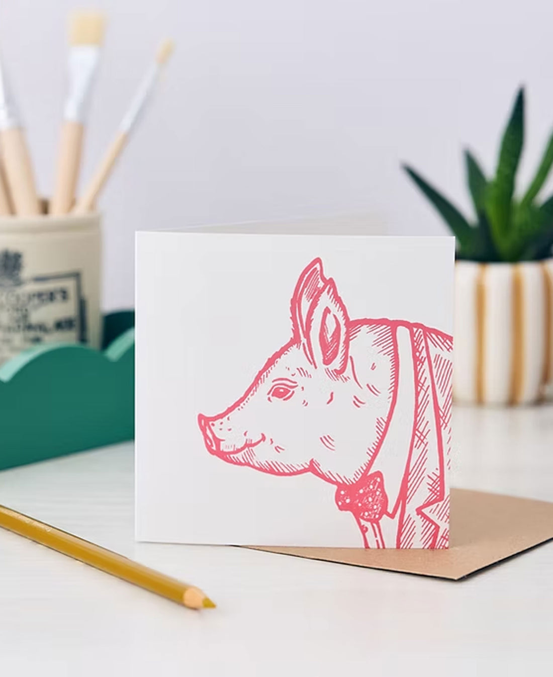 Winston Pig Greetings Card - Coral Pink
