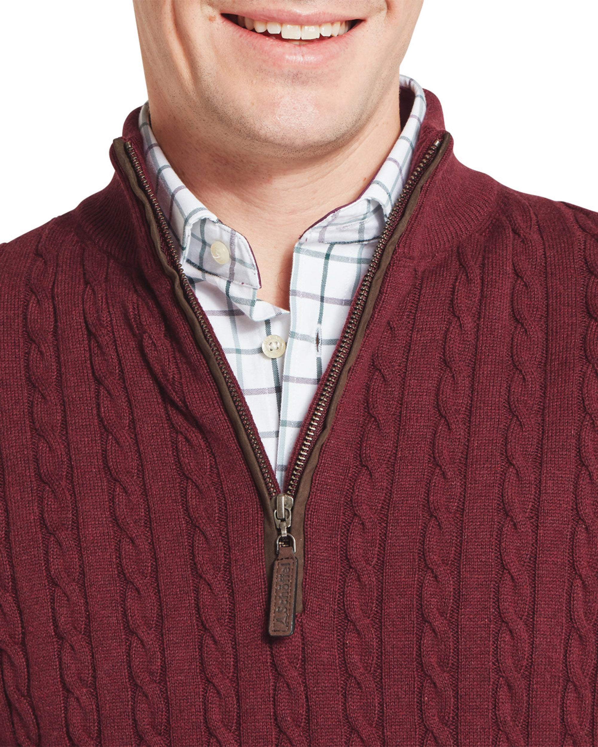 Calton Cotton Cashmere Cable 1/4 Zip Jumper - Burgundy