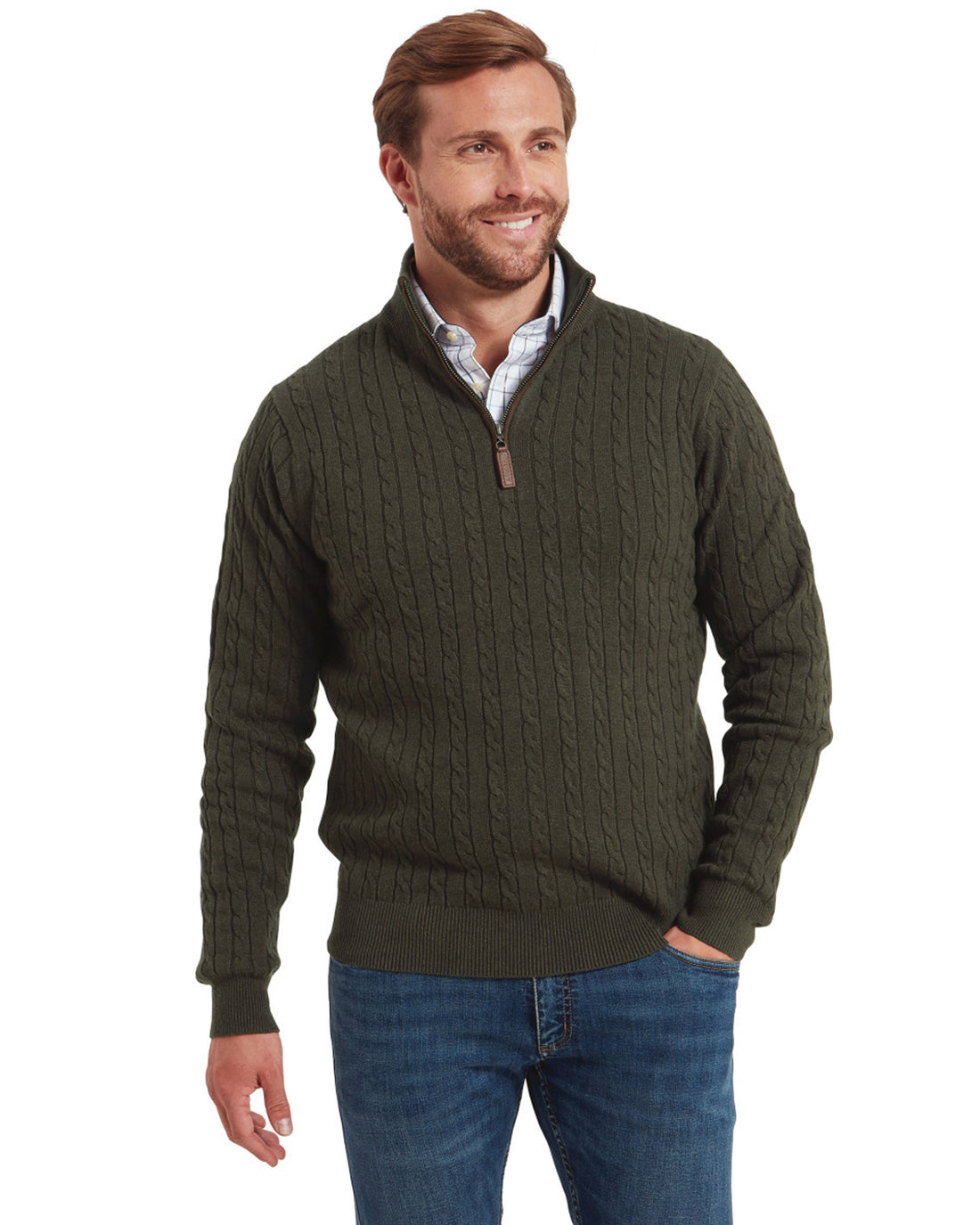 Calton Cotton Cashmere Cable 1/4 Zip Jumper - Loden Green