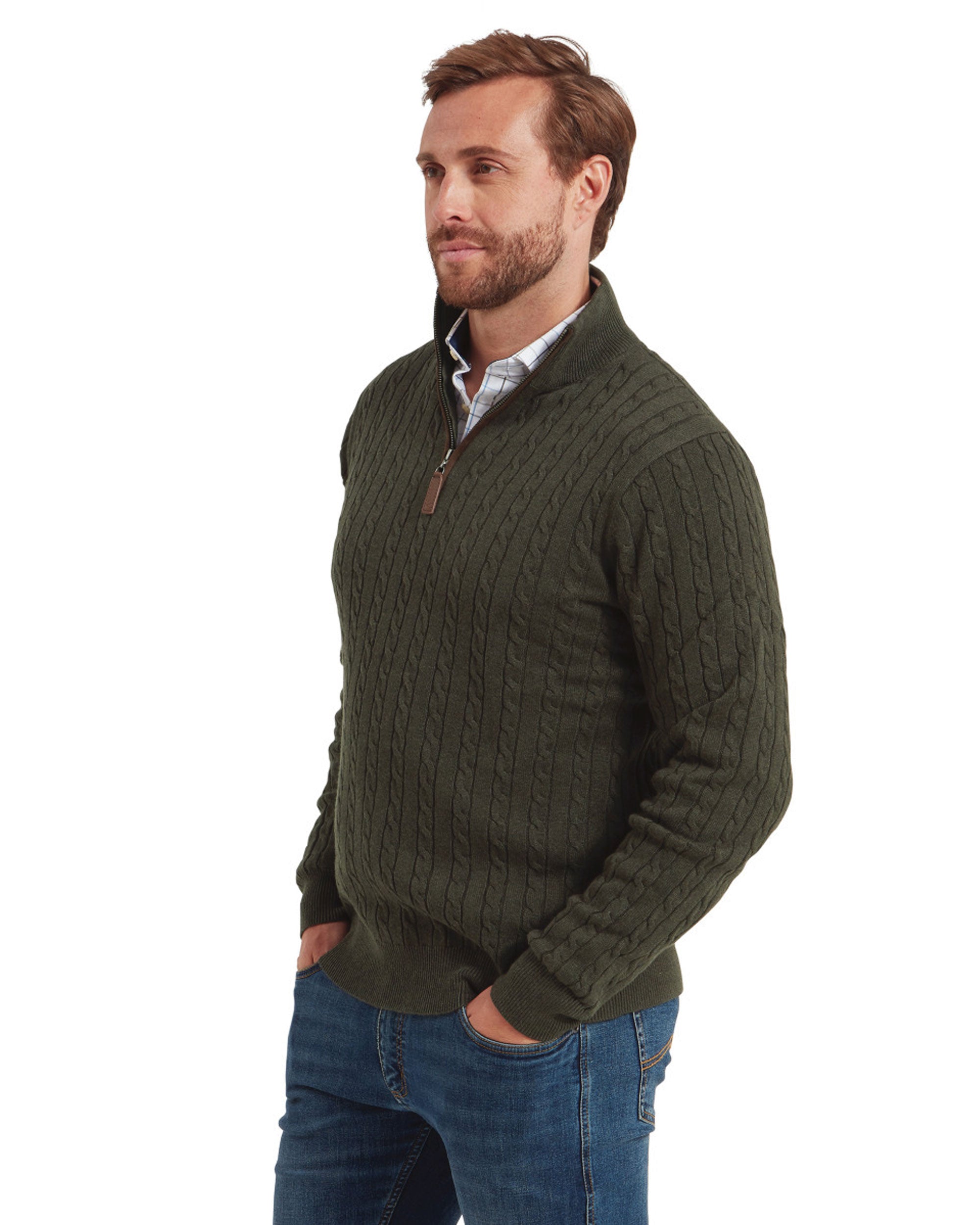 Calton Cotton Cashmere Cable 1/4 Zip Jumper - Loden Green