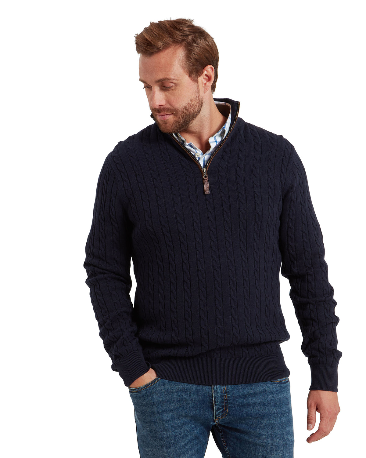 Calton Cotton Cashmere Cable 1/4 Zip Jumper - Navy