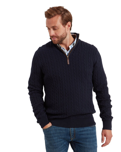 Calton Cotton Cashmere Cable 1/4 Zip Jumper - Navy